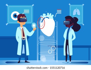 Two doctors use virtual reality VR glasses to look at human heart, futuristic method of medical diagnosis via modern technology, health innovation - flat hand drawn cartoon vector illustration