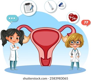 Two doctors with uterus illustration and medical icons