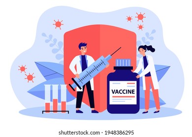 Two doctors with vaccine, test tubes and syringe. Concept of research, health, vaccination, disease, coronavirus, flu immunization. Red shield and bacteria on background. Flat vector illustration