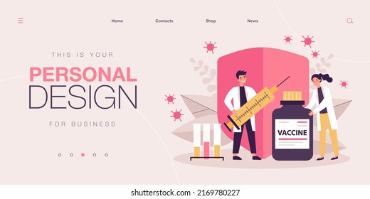 Two doctors with vaccine, test tubes and syringe. Concept of research, health, vaccination, disease, coronavirus, flu immunization. Red shield and bacteria on background. Flat vector illustration