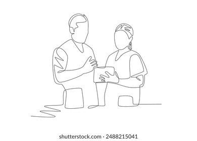 Two doctors viewing data via tablet. Medical technology concept one-line drawing