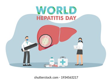 Two doctors wearing face mask while examining an unhealthy liver with world hepatitis day text