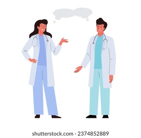 Two doctors in white uniform talk about medicine. Medical workers characters man and woman colleagues. Professional dialogue. Flat vector illustration