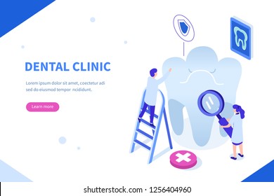 Two doctors working together in dental clinic. Can use for web banner, infographics, hero images. Flat isometric vector illustration isolated on white background.