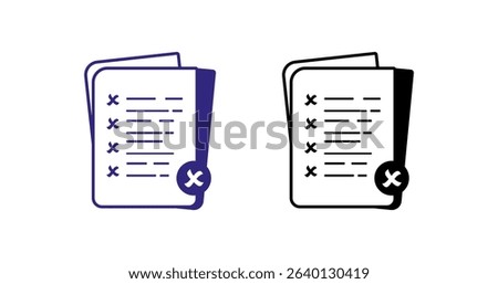 Two document icons with cross marks in purple and black styles, representing rejection or incomplete tasks.