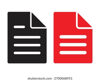 Two document icons isolated on white background, one in black and the other in red, representing files, reports, or forms with text lines and folded corner.