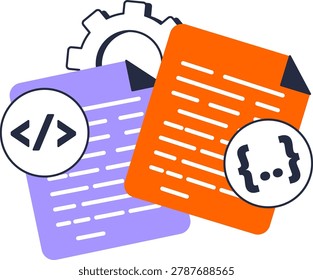 Two document pages with coding brackets and a gear wheel represent technical data files. This graphic symbolises software engineering and web development processes for digital empty states.