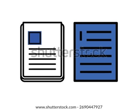 Two document stacks are depicted: one white with blue accents, and the other entirely blue. The image is isolated on a white background, simple and clean design.