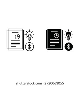 Two documents with charts lightbulbs and dollar signs in black and white line