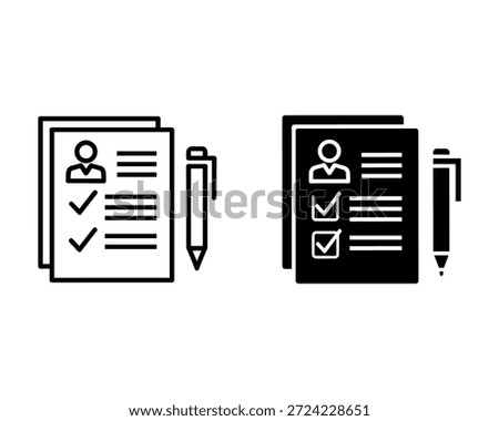 Two documents with checkmarks and a person next to a pencil on a white and black background person pencil