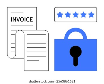 Two documents labelled invoice, a padlock symbolizing security and a five-star rating. Ideal for online payment systems, financial security, customer satisfaction, invoicing software and business