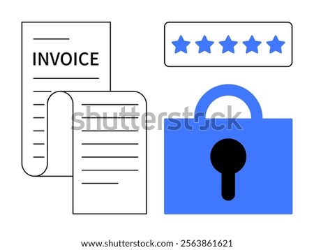 Two documents labelled invoice, a padlock symbolizing security and a five-star rating. Ideal for online payment systems, financial security, customer satisfaction, invoicing software and business