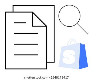 Two documents, a magnifying glass, and a shopping bag are visible. Ideal for business, research, e-commerce, shopping, information search, and digital marketing. Simplistic line art style