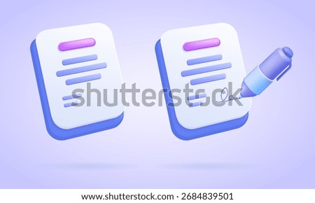 Two documents with pen and signature, clipboard, checklist, business and education concept, digital security, contract authorization, efficient work, 3d vector illustration.