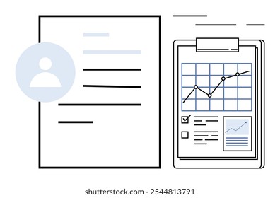 Two documents are placed side by side, one with a user icon and text, and the other with a line graph and checklists. Ideal for business, data analysis, reports, user profiles, and organizational