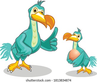 Two Dodo Bird holding egg cartoon vector art and illustration