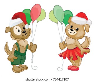 two dog boys and a girl in Christmas costumes with balls