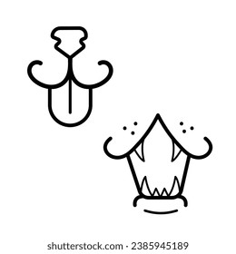 Two dog or cat animal mouth vector icon illustration outline isolated on square white background. Simple flat monochrome black and white cartoon art styled drawing.