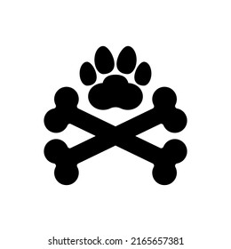 Two dog crossbones and paw print. Crossed bones icon and logo design. Silhouette. Isolated vector illustration on white background.