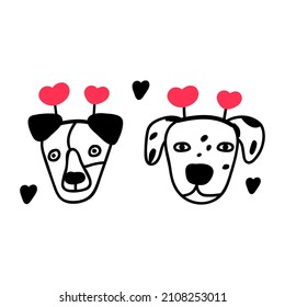 Two dog faces wearing heart head bands. Costume for Valentine's day. Outline vector illustration.