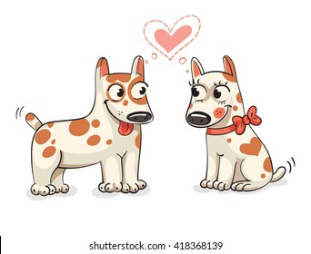 Two dog lovers look into each other's eyes.  Funny cartoon character. Vector illustration. Isolated on white background