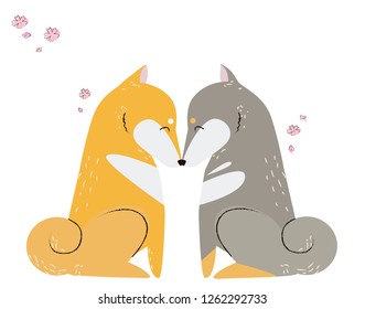 Two dog shiba inu vector. Scandinavian style children drawings. Valentines day, T-shirt design.