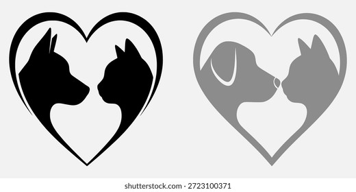 Duas silhuetas de cachorro viradas uma para a outra dentro de uma forma de coração, apresentadas em variações de preto e cinza.