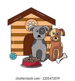 two dog sitting domestic with house and food