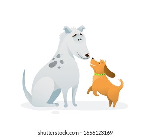Two dogs animal pets puppies playing jumping buddies colorful humorous cartoon. Funny dogs sitting and jumping friendship. Colorful dog character design for kids isolated vector.