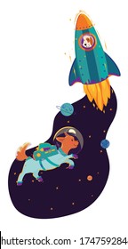 Two Dogs astronauts - one in spacesuit and 2nd in the rocket floating in outer space. 