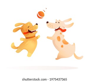 Two dogs best friends playing together, puppy and a dog jumping in the air to catch a ball. Happy doggie pets jumping fetching a ball. Vector illustration for kids.