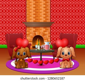 Two dogs bite heart balloons in a romantic living room