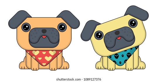 Two dogs in cartoon style. Little puppies in colored bandanas. Flat design. Vector illustration isolated on white background.