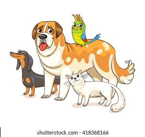 Two dogs, a cat and a parrot standing together. Best friends ever. Funny cartoon character. Vector illustration. Isolated on white background