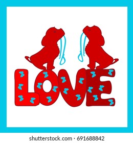 Two dogs with a collar in their teeth and a red inscription LOVE, a cartoon in a frame on a white background.Vector