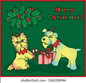 Two dogs couple vector Christmas card colored illustration sketch