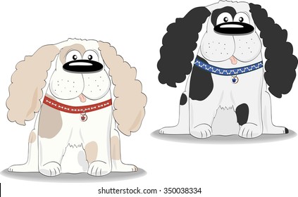 Two dogs of different colors in the collars. Dog sitting.