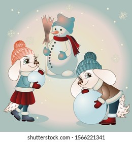 Two dogs dressed in jackets with fur and hats sculpt a snowman on a background of a winter landscape, color vector illustration