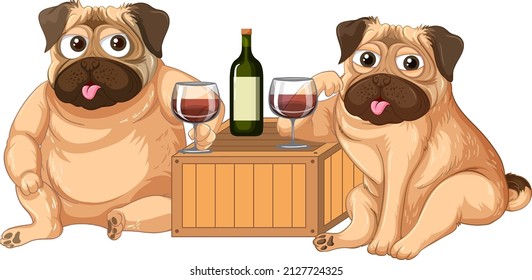 Two dogs drinking wine  illustration