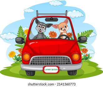 Two dogs driving red car in the park illustration