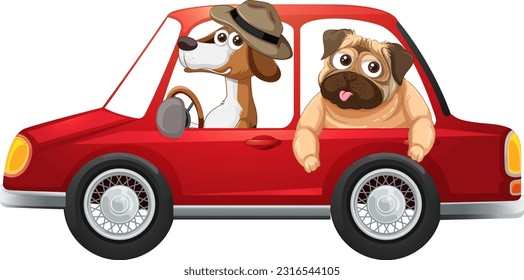 Two dogs driving red car illustration