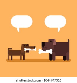 Two dogs eating bones with speech bubble. Vector flat illustration