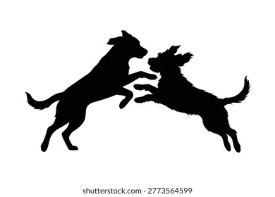 Two dogs fighting silhouette isolated on white background. Aggressive animal behavior, conflict and action concept.