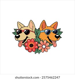 two dogs flowers and leaf's romantic design