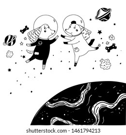 Two dogs fly in space. Black and white illustration for posters and postcards.  Vector illustration