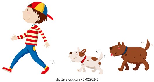 Two dogs following the man illustration