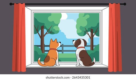 Two Dogs Gazing Out Window a Scenic Landscape of Trees and Sky