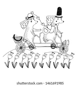 Two dogs in hats ride a bicycle. Summer illustration for posters and postcards. Coloring book for children. Vector illustration