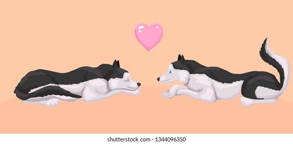 Two dogs lie and look at each other, above them a pink heart. Symbol of love and valentine's day. A pair of loving characters. Sleeps and lies pet. Vector illustration, print design with animals.