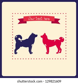 Two dogs love colorful vintage card. Can be used for retro postcard, valentine card, wedding invitation